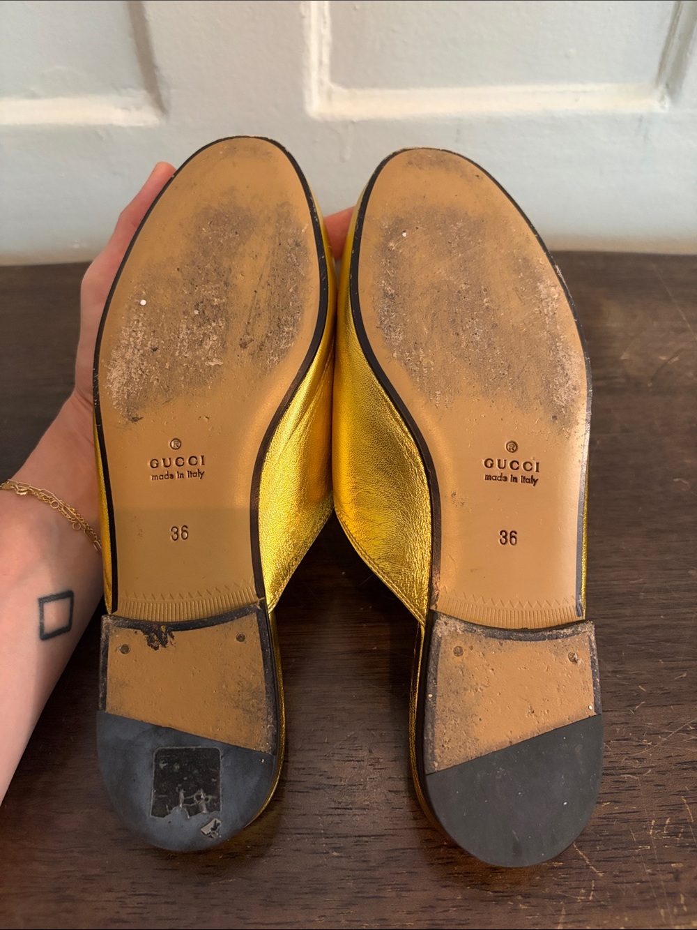Gucci Metallic Gold Princetown Horsebit Leather Mules - Picture 7 of 7